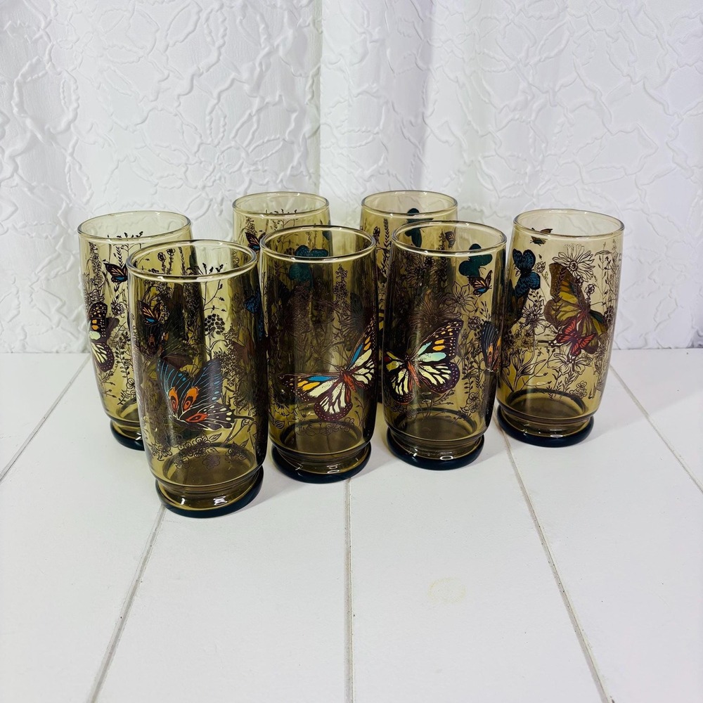 Vintage MCM Amber Tumbler Glasses Colorful Boho Bohemian Butterfly - Picture 2 of 8